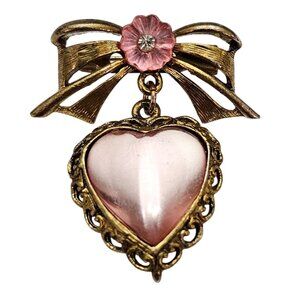 1928 Brand Bow Bar Brooch Pink Flower Heart Lucite Charm Dangle Pin C844